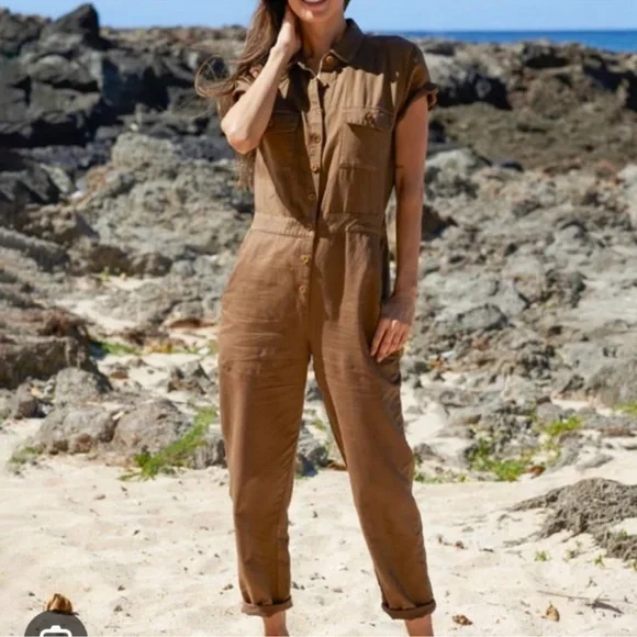 Outerknown SEA suit brown utility jumpsuit linen blend size XS NWT - Picture 6 of 9